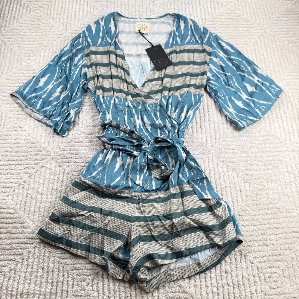 Chaser Flouncy Romper Women's Small Blue Ikat Striped Boho Festival Eclectic NWT